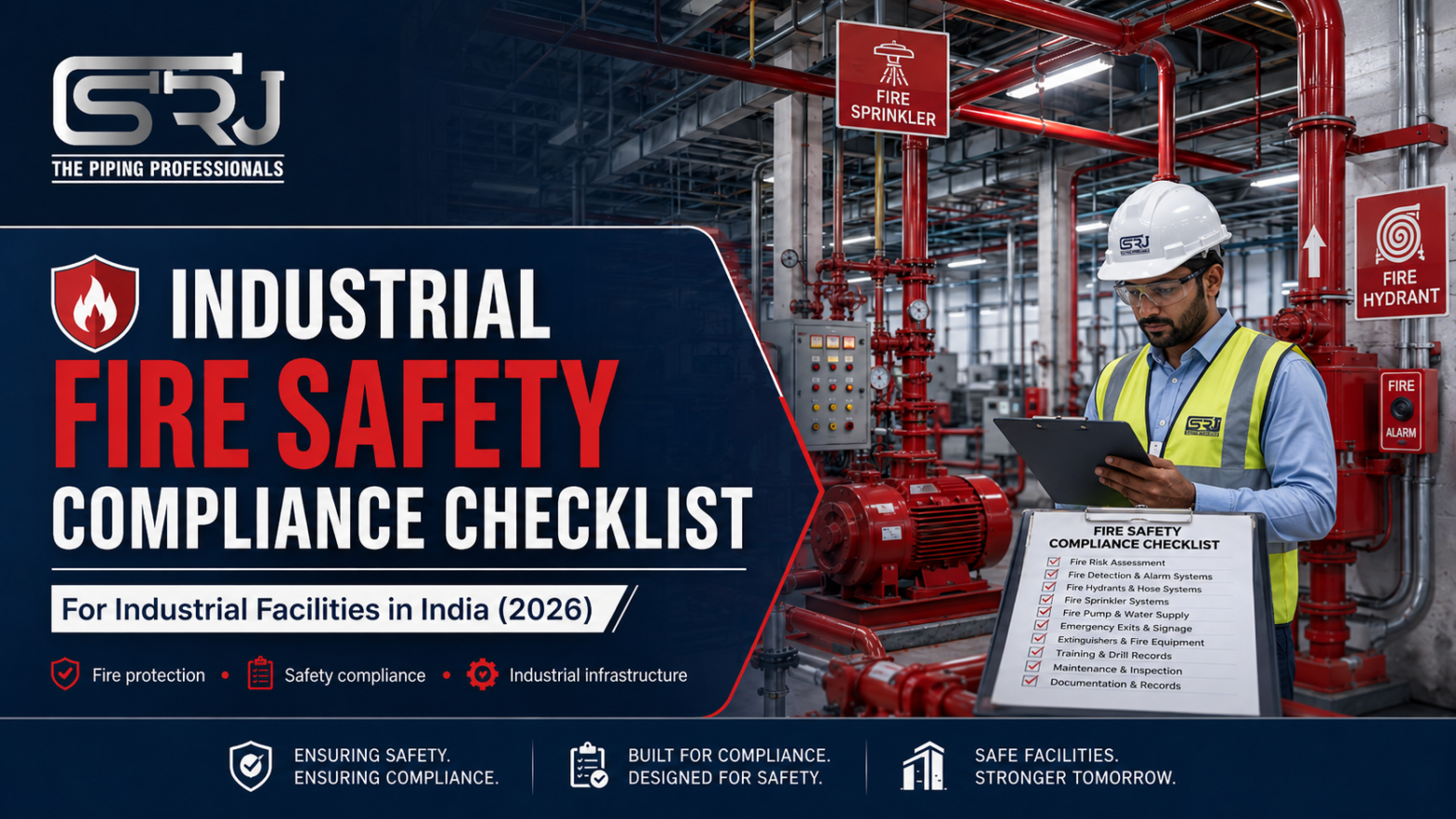 Industrial fire safety compliance checklist graphic showing an SRJ Piping India engineer inspecting fire protection systems, sprinkler piping, hydrants, fire alarms, and safety equipment inside an industrial facility.